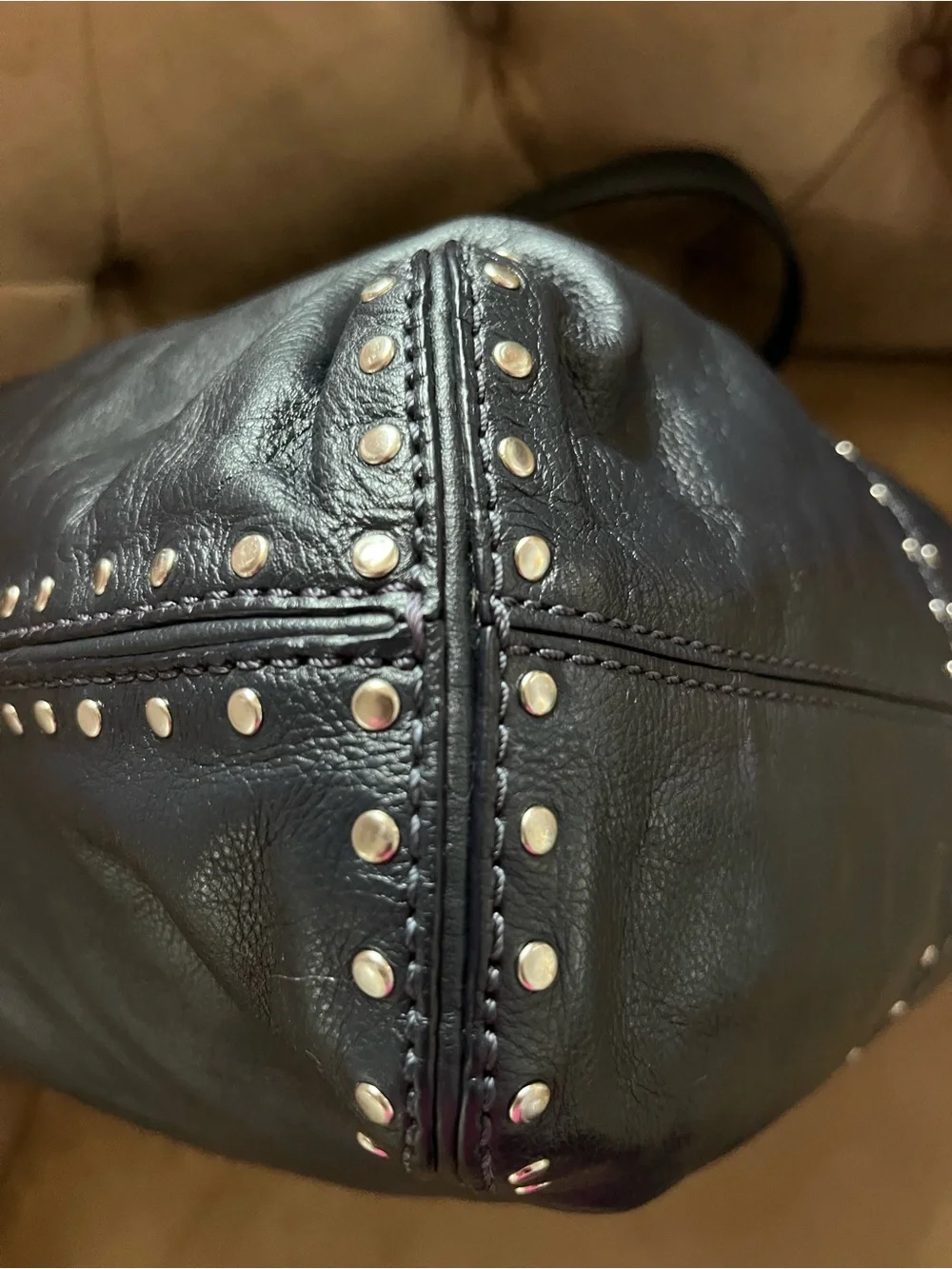 Michael Kors Navy Leather Studded Hobo Shoulder Bag with MK Charm